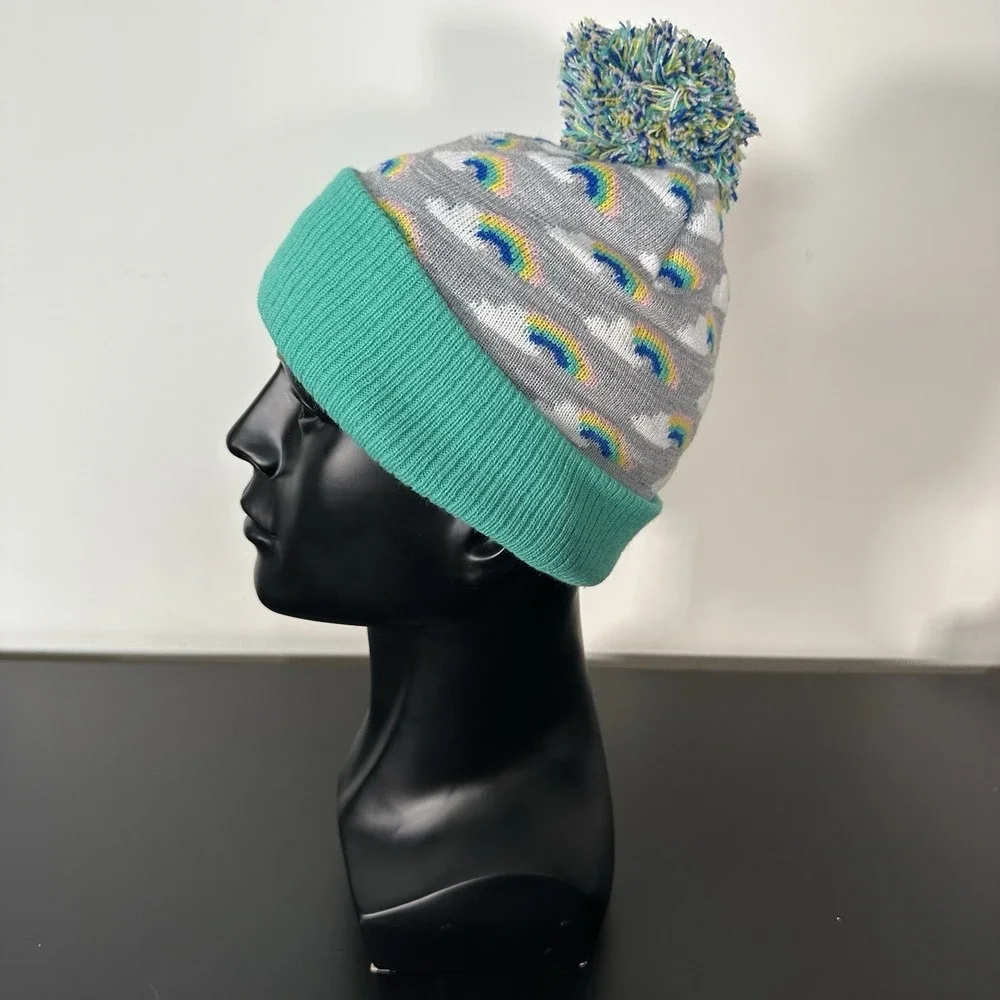 Tucker + Tate Rainbow Cloud Beanie Hat‎ Pom Pom Mint Green Gray One Size Kidcore